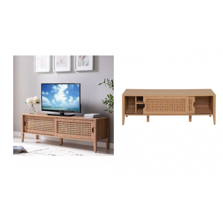 MEUBLE TV AVEC 2 PORTES COULISSANTES DÉCOR ROTIN - L138 CM