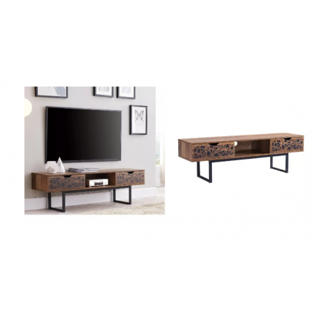 MEUBLE TV 2 TIROIRS ET UNE NICHE DÉCOR BOIS ET MOTIFS NOIR L140 CM - ANAELLE