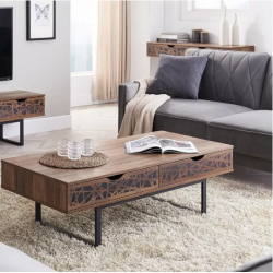 TABLE BASSE 2 TIROIRS DÉCOR BOIS ET MOTIFS NOIR L120 CM - ANAËLLE